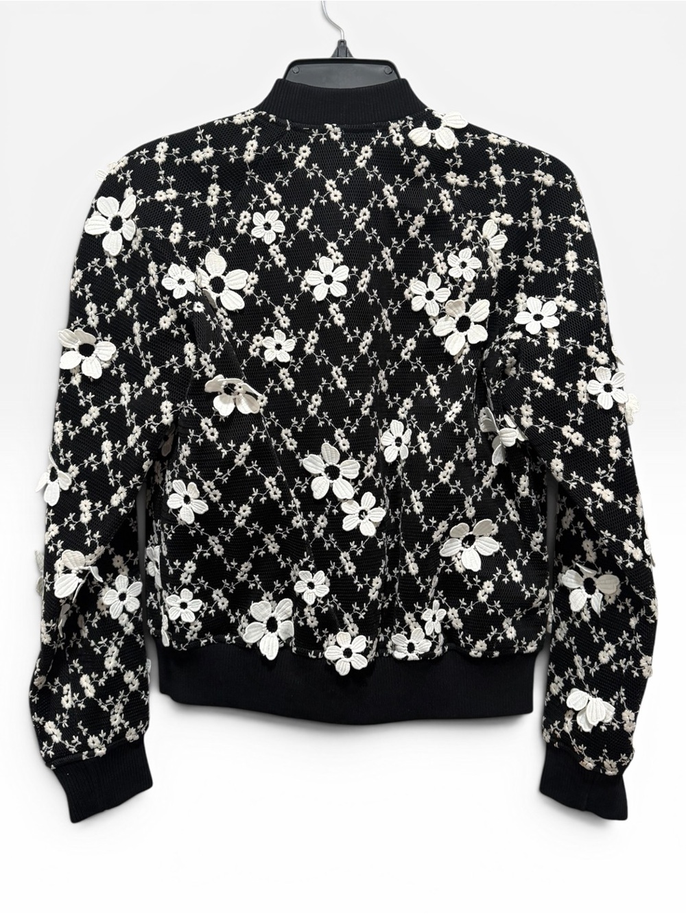 NWT Michael Kors Black Bomber Jacket w White Floral Embroidery Women’s XS — $295 - Picture 3 of 5